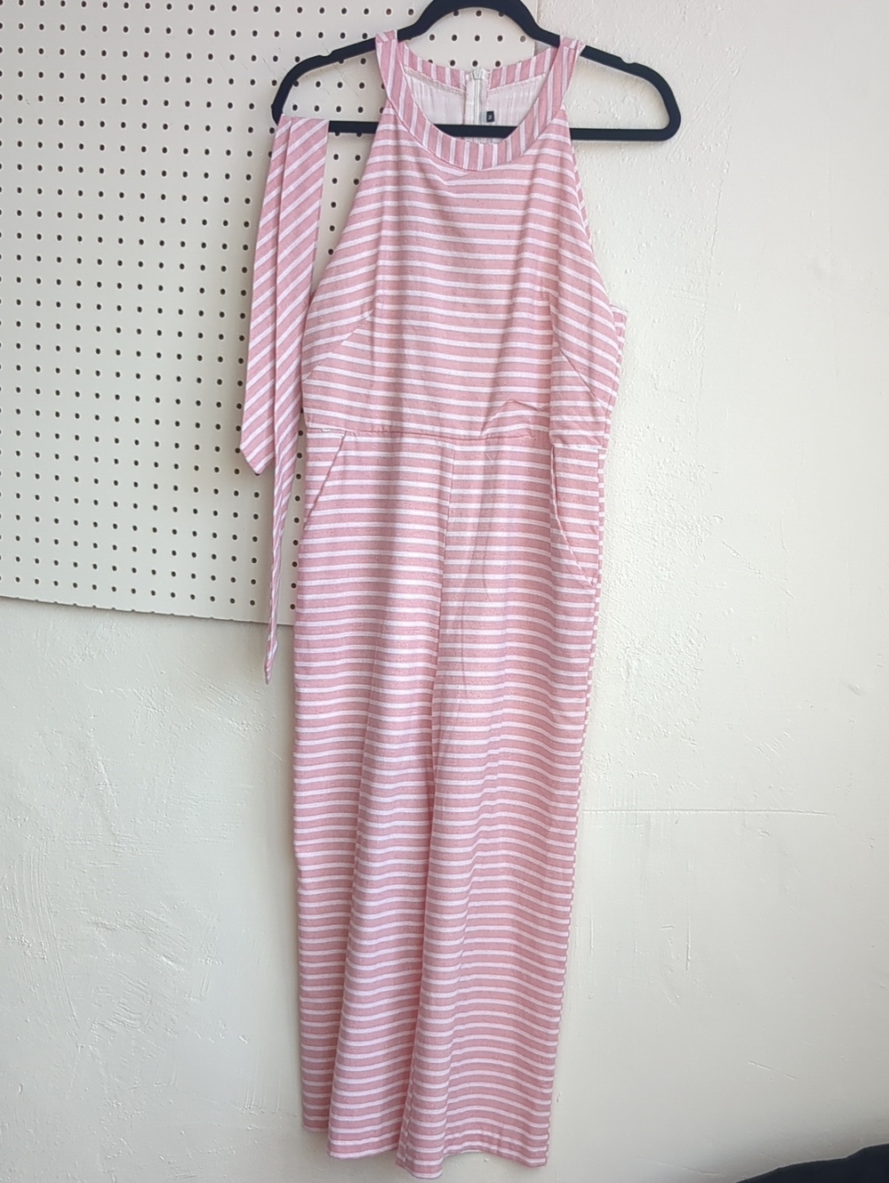 Striped Pink Halter Jumpsuit with Tie Waist